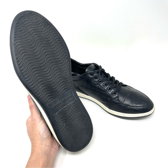 Giorgio Armani Black Leather Croc Embossed Lace Up Sneakers Size 7.5 - Picture 7 of 13